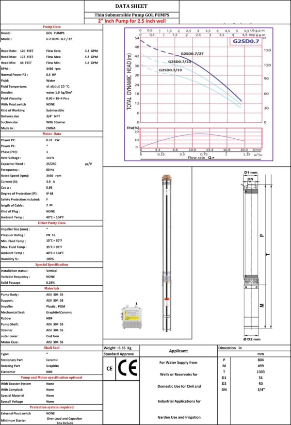 2" Submersible Pump 5.2 GPM, 170 ft, 0.5HP, 110/220V - 2SDM0.7/27 - Image 2